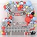 Race Balloon Garland Arch Kit Pastel Coral Gray Yellow Baby Blue Black White Balloons with Checkered Foil Balloons Tablecloth Flag Banner for Car Sports Birthday Baby Shower Decorations Party Supplies