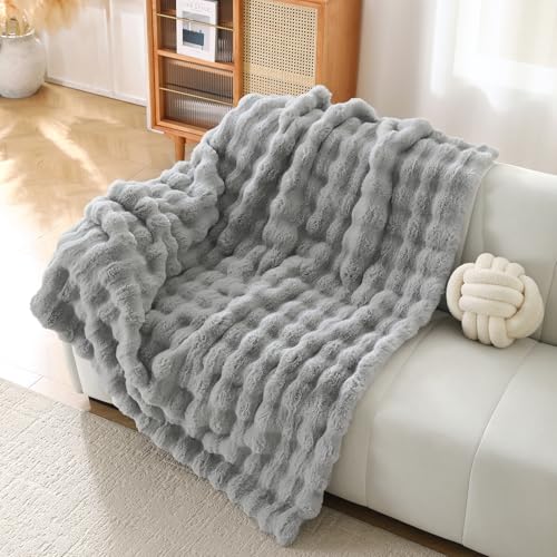 DREAMLANDING Couverture en fausse fourrure de lapin de luxe en peluche sherpa réversible, couverture en fourrure duveteuse chaude et confortable pour lit,...