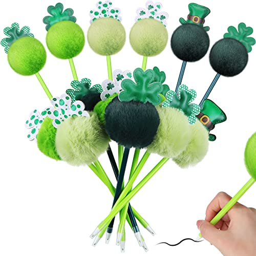 Outus 16 Pieces St. Patrick's Day Pens Shamrock Hat Style Ballpoint Pens Cute Plush Pompom Ballpoint Pen 1.0 mm Black Novelty Ballpoint Pens for School Saint Patty's Day Party Favors Supply