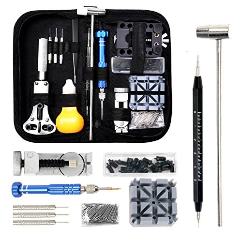 YaeTek 112 pièces Kit de réparation de montre, barre à ressort professionnelle Ensemble d'outils de maillon de bracelet de montre avec étui de transport marteau pince à épiler