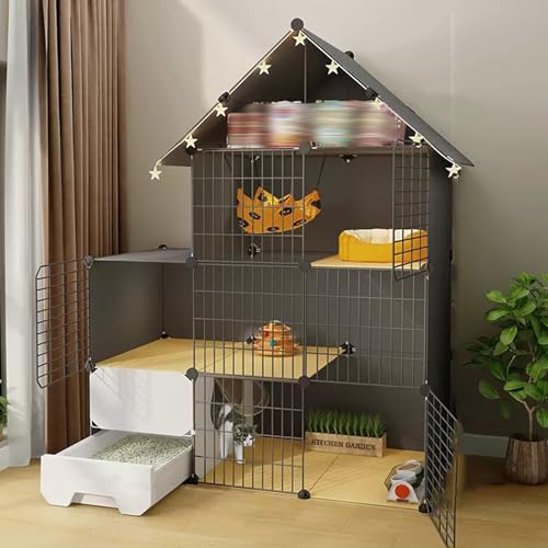 猫用ケージ(トイレ付き)、DIY猫用プレイペン(収納ラック付き)、猫用屋内囲い(はしご付き)、小動物用ハウスフェンス、安全な遊びとリラクゼーションに最適(43*15.4*57"/109*39*145cm)