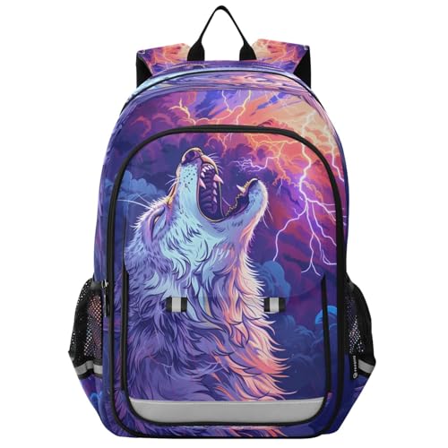 Primary Middle School Backpack Kids Book Bags for Boys Girls Sturdy Waterproof Daypack Fire Dragon Abstract A Howling Wolf with Lightning - Main Image