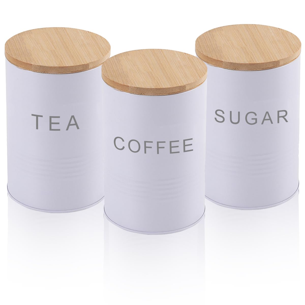 LOSYHU White Tea Coffee Sugar Canisters Set of 3, 1000ML Kitchen Container Tins with Airtight Bamboo Lid, Metal Tea Coffee Sugar Storage Jars Kitchen Food Storage Tins