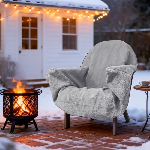 Reversible Sherpa Chair Cover Blanket with Waterproof 300D Oxford Back Adjustable Drawstring Non-Slip Design Fits Chairs up to 23 Ideal for Winter Home & Patio Use (Gray)