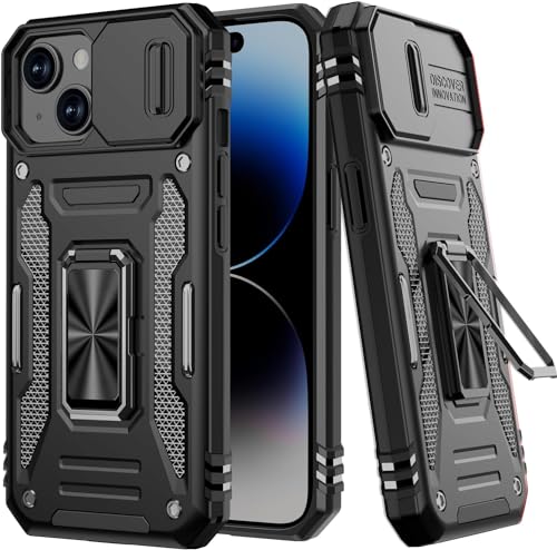 Image of ShieldTech Back Cover Case Compatible for Apple iPhone 15 with Slide Camera Cover & Rotated Ring Kickstand | Military Grade Mobile Phone Cover Case for Apple iPhone 15 (Black)