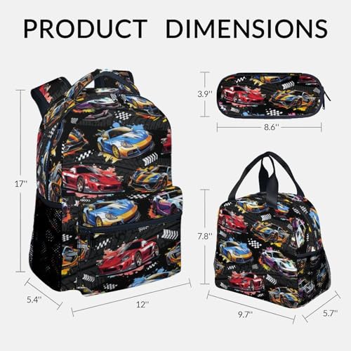 Image of Boys Backpack Set - Racing Car Backpacks for Kids - 3Pcs Toddler Bookbag with Lunch Box & Pencil Case - Lightweight School Bag for Kindergarten /Preschool /Elementary (17 Inch)