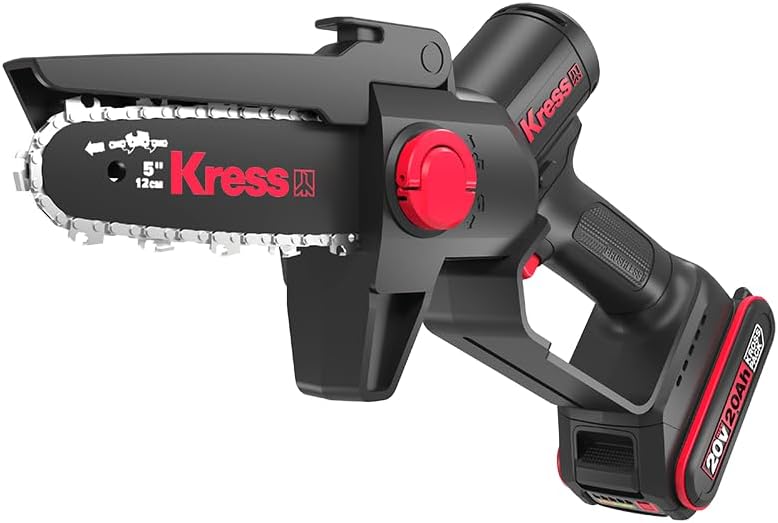 Kress Pruning Saw with chain and bar installed, viewed from the side with the red adjustment button visible.