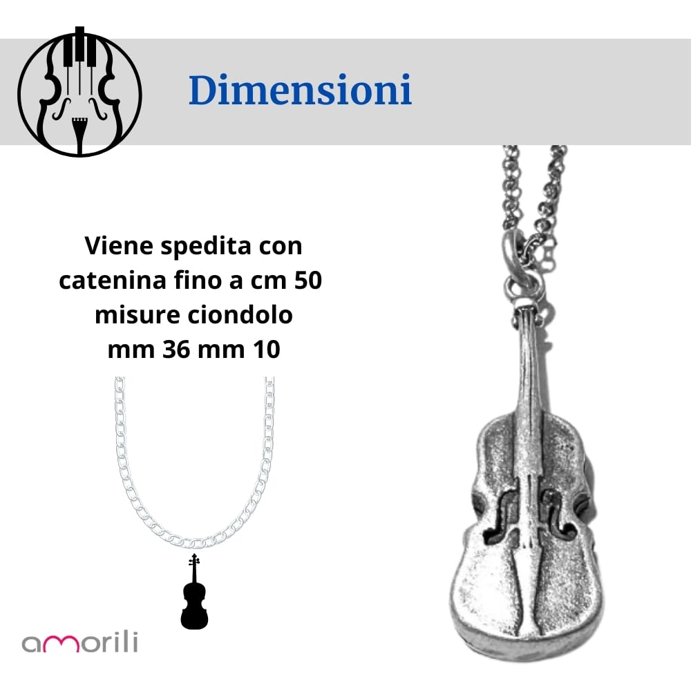 Collana con Violino in Argento 925 Invecchiato – Gioiello Musicale Unisex, Idea Regalo per Musicisti, Amanti della Musica e Strumenti a Corda - cll2152