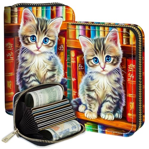 Accordion Wallet Credit Card Holder, Business PU Leather RFID Cards Organizer Ladies Cardholder Wallets for Women Men, Travel, Shopping, Outdoor, Fall Purse Gift Accessories, Book Cat