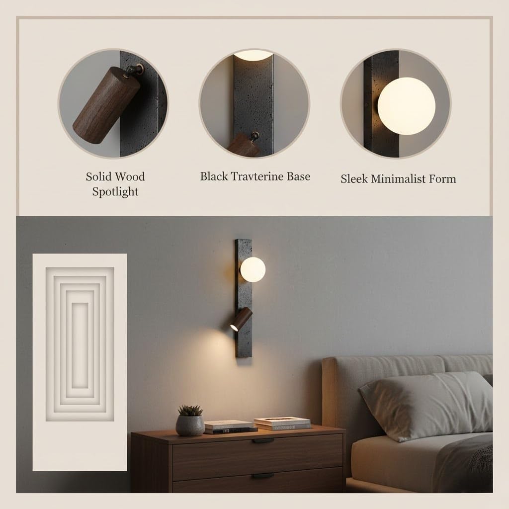 Reading Wall Sconce, Black Travertine Wall Light, Walnut Spotlight Wall Lamp with Dual Light Source for Living Room, Bedroom, Bedside, Hallway, Mid Century Fixture, Entryway Loft Parlor