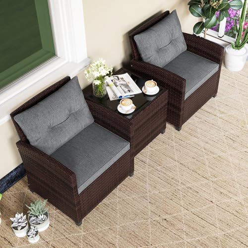 Image of Tangkula 3 Pieces Patio Furniture Set, PE Rattan Wicker 3 Pcs Outdoor Sofa Set w /Washable Cushion and Tempered Glass Tabletop, Conversation Furniture for Garden Poolside Balcony (Grey)