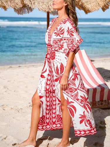 Image of CUPSHE Womens Tropical Floral Maxi Dress V Neck Short Sleeve Smocked Side Slit Dress Summer Vacation Beach Pocket Long Dress