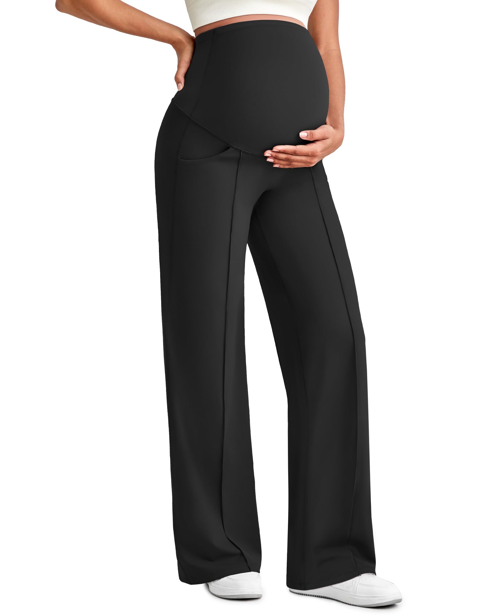 Photo 1 of G4Free Maternity Dress Pants Work Pregnancy Outfits Front Pleats Yoga Pants Over The Belly Sweatpants Wide Leg Pants Loungewear (Black,XL,Regular)