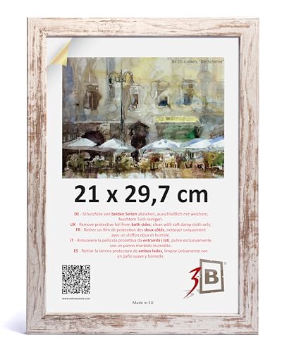 3-B Cadre de l'image HIT - Blanc rustique (blanc vieilli optiquement avec grain de bois visible) - 21x29,7 cm (A4) - cadre photo en bois avec verre acrylique