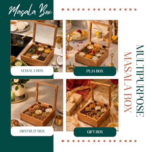 Image of Sugandha Acacia Wood & Brass Masala Box with 9 Brass Containers | 150ml Brass Spice Bowls | Handcrafted Wooden Masala Box Organizer | Kitchen Spice Storage Box | 8.75 x 8 x 4 Inches