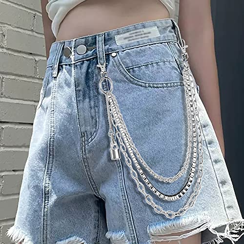 Pants chain, Belt chains for women men, 3 Layer Punk Pocket Chains for Hip Hop Rock Jeans Punk Trouser Wallet Pants Jeans Silver Metal Multilayer Body Link Chains, Decoration Clothes, Style 43