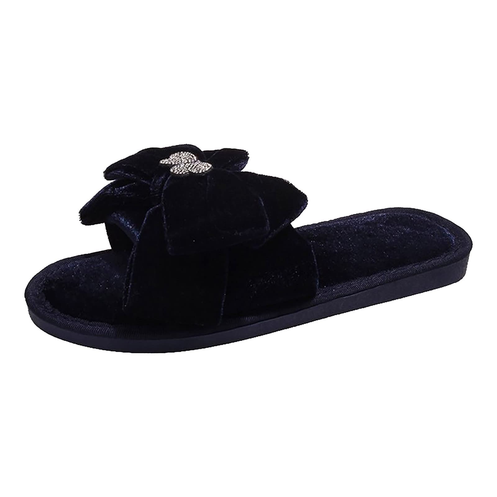 HUPAYFILadies-Leather-Loafers Sandals for Women Cushioned Ladies Fashion Solid Color Bow Knot Comfortable Warm Flat Casual Cotton Slippers Ladies Sandals Size 5 UK Ladies Navy Blue Shoes,cat Gifts