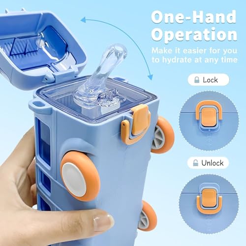 Image of Zollyss Baby Water Bottle | Water Bottle 500 ml with Straw | Cartoon Bus Design | One-Button Press Lock | School Bottle for Toddlers & Kids (Blue)