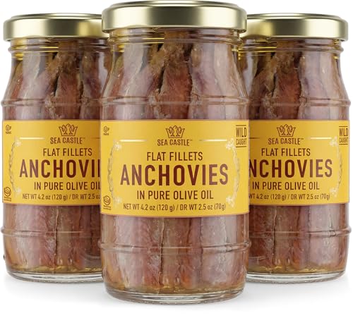Sea Castle Wild Caught Flat Fillet Anchovies in Olive Oil, 4.2 oz (3 Pack) | Premium Moroccan Anchovies | Non-GMO, Gluten-Free, Kosher, Keto-Friendly | Meaty Texture for Salads & Pizza