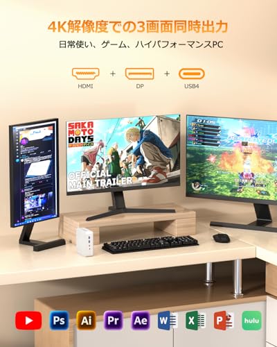 YCTipcミニPC Ryzen 5 6600H [2つ2.5GLANポート] 8GB DDR5 256GB NVMe SSD, Mini PC 6C/12T 最大4.5GHz WiFi6 / Bluetooth5.2 / デュアルチャネル 小型PC USB4全機能/HDMI/DP 3画面4K@60Hz出力対応 (6600H(8G+256G))