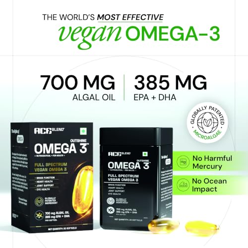 Image of Ace Blend Outshine Omega 3 Vegan with 385mg EPA + DHA per Softgel | Full Spectrum Algal Oil | 700mg Algal Oil | Plant-Based Omega 3 Supplement | For Men & Women | 60 Softgels