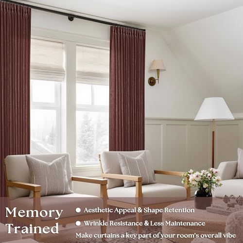 Image of Reddish Brown Linen Pinch Pleated Curtains 96 Inches Long for Living Room Pleated Drapes Back Tab Thick Linen Textured Boho Farmhouse Country Maroon Rust Brown 96 Inch Curtain for Dining Bedroom