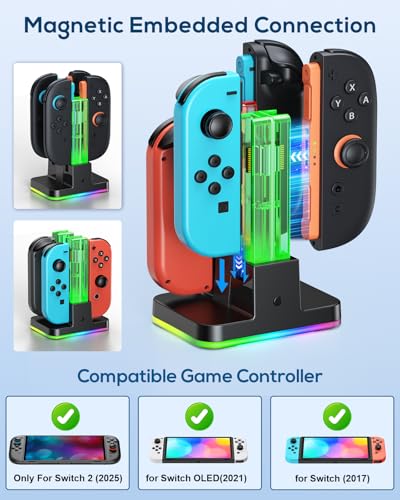 Image of Switch 2 /1 Controller Charger, 8 in 1 Charger Dock Station for Joy Cons Accessories Kits with a USB Type-C Charging Cord for Nintendo Switch (Black)