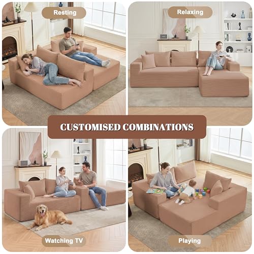 Image of Mangodan 110 inch Cloud Sectional Couch, Boneless Sofa for Living Room, Modular Sectional Sofa with Deep Seat, Comfy Fluffy Couch with L-Shaped Chaise, No Assembly Required (Right-Facing Chaise, Camel)