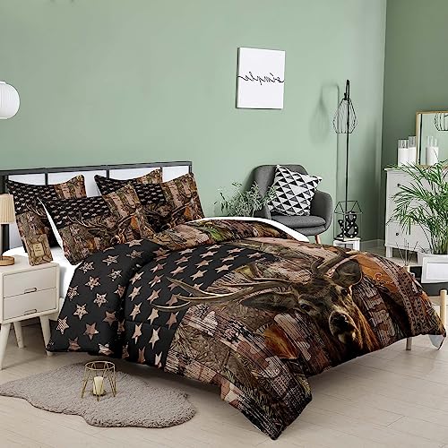 Image of Tailor Shop Deer Comforter Sets Full Size for Boys Kids Teens,American Flag Camo Bedding Sets Hunting Comforter Sets Woodland Moose Wildlife Forest Bed Set, with 1 Comforter 2 Pillowcase