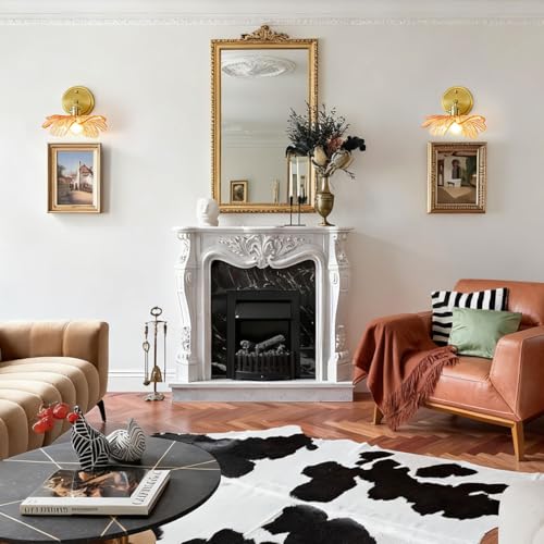 Image of Unique Wall Light Set of 2 with Amber Glass Petals Over Mirror | Vintage Wall Sconce Set of 2 Bathroom Vanity Lights, flower Glass Shade &Gold Brass E26 Base, Easy to install, For Hallway