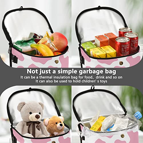 Image of linqin Pink Cow Print Car Trash Can with Lid Leak Proof Car Trash Bag Waterproof Car Garbage Can, PolyesterTrash Bin Hanging for Minivan SUV Truck