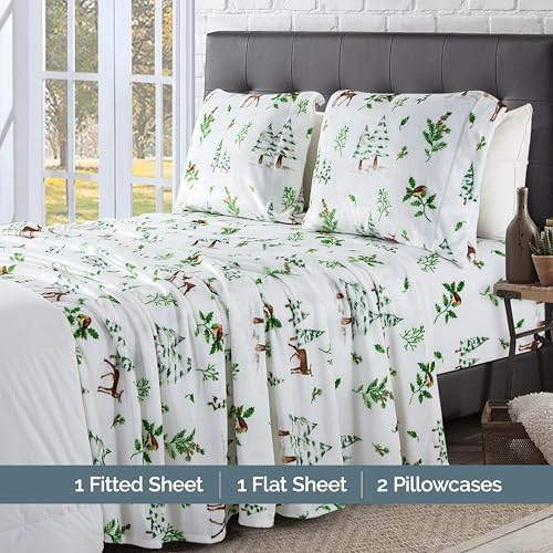 Elegant Comfort Luxuriously Soft 4-Piece Holiday Velvet Plush Flannel Sheet Set - Premium Quality - Cozy Warm, Christmas Fuzzy Velvet Flannel Fleece Deep Pocket Sheet Set - Twin, Enchanted Woods