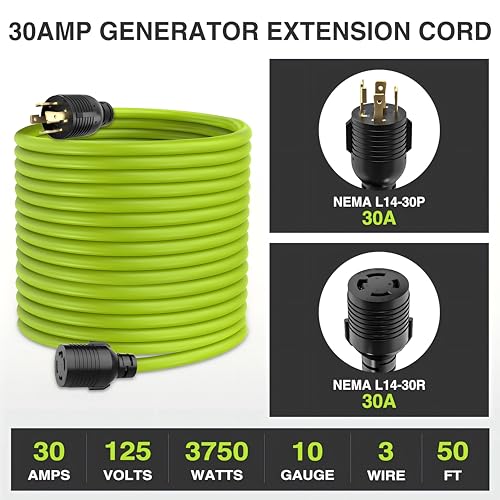 Image of Nilight 50FT 30 Amp Generator Extension Cord 10 /3 Gauge L14-30P to L14-30R | 125V Heavy Duty Pure Copper STW Wire UL ETL Listed 3 Prong Weatherproof Suit for Camper Outdoor Use Bright Green