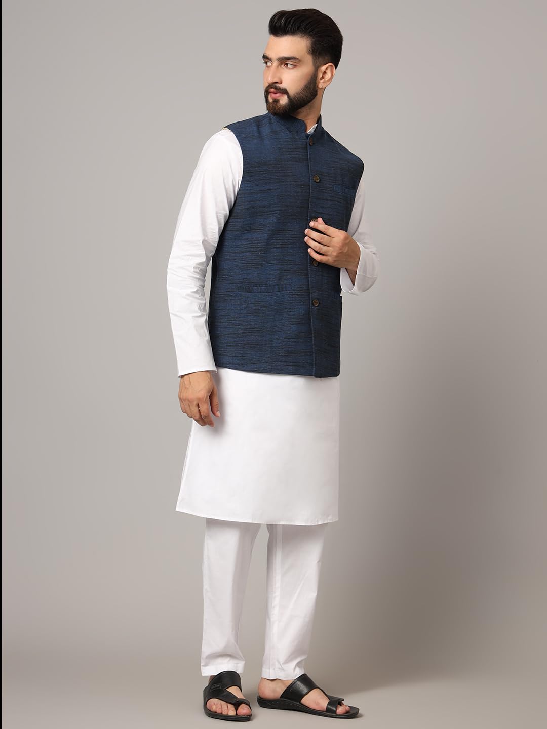 LATEST CHIKAN Men's Nehru Jacket/Waistcoat Sophisticated Ethnic Wear - SADRI-DK-BL-40 - Image 3 thumbnail
