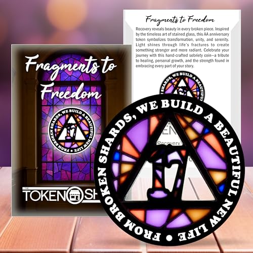 Image of Stained Glass 17 Year AA Chip Sobriety Coin Medallion, Fragments to Freedom Alcoholics Anonymous Addiction Recovery Anniversary Token, Inspirational Sober Gifts for Men and Women by the Token Shop