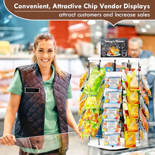 Pinzoveco Chip Rack Display Stand, 5 Tiers 40 Clips Snack Organizer for Office Desk, 360° Wooden Base Chip Holder Candy Display for Concession Stand, Countertop, Party, With Message Board by Pinzoveco - Image 5