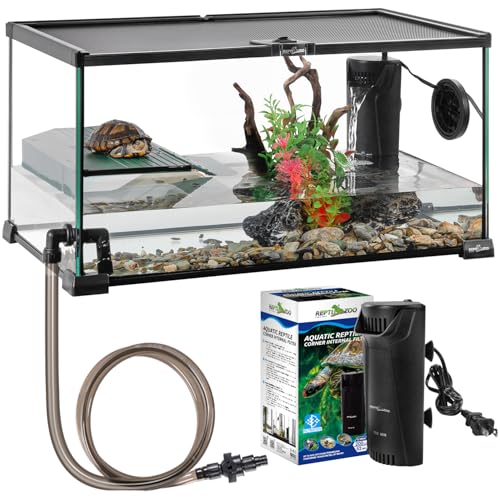 REPTIZOO Glass Turtle Tank Kit, 10 Gallon Starter Kit With Drainage System, Basking Platform and Quiet Aquarium Corner Internal Filter, 20' x 12' x 10' Aquatic Terrarium