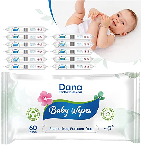 Dana Toallitas húmedas para Bebé con agua purificada para limpiar la piel y el cuerpo sensibles recién nacidos, no plástico, biodegradable, sin alcohol ni parabenos, paquete de 12 x 60
