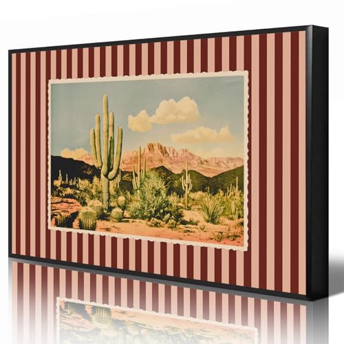 Western Desert Landscape Canvas Wall Art, Southwestern Cactus Picture Vintage
