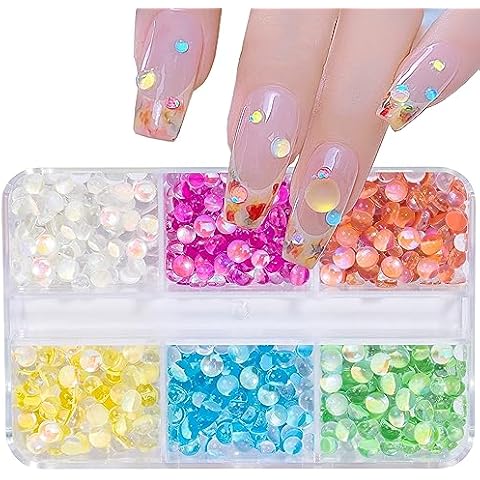 3D Aurora Bubble Nail Beads Mixed Crystal Mermaid Bubble Beads for Nails Flatback Crystal Nail Rhinestones Set Colored Half Round Beads Rhinestones for Nails Gems Diamond Decoration Supplies Cover