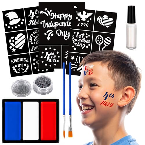 ArtCreativity Patriotic Face Paint Kit for Kids - USA Face Painting Set Includes 36 Stencils Pallet of Paint with Red White & Blue Colors Brushes & Glitters - DIY Craft