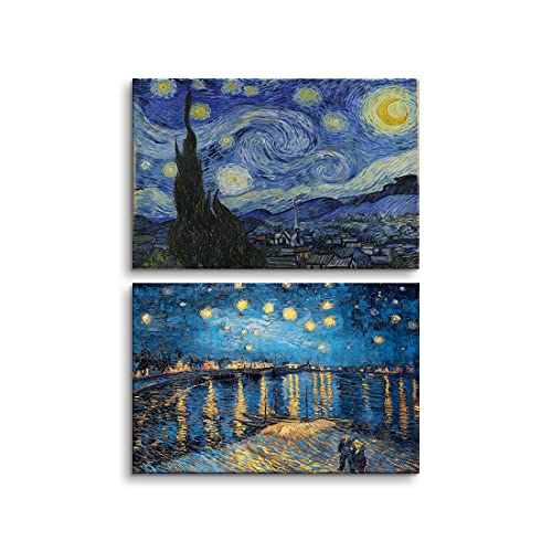 ゴッホ アートパネル 2枚セット 飾り絵 ゴッホ 星月夜 Van Gogh ローヌ川の星月夜 油絵 複製画 風景画 写真 ポスター 壁掛け アートフレーム モダン アートボード インテリア 絵画 印刷された インテリア部屋飾り 壁掛け 木枠付きの完成品 (