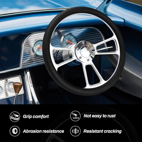 Acclcors Universal Racing Lenkrad, 14 Zoll 6 Loch Silber Aluminium 3 Speichen Klassisches Vintage Lenkrad mit Horn Tasten Leder Griffe für Racing/Rally/Motorsport