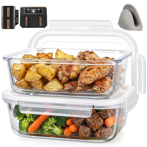 BYKITCHEN 2 Stück Airfryer Zubehör für Ninja AF400EU/SL400EU/Cosori Heißluftfritteuse 2 kammern Glas Auflaufform für Airfryer Mit Deckel & Silikon Ofenhandschuhe Hitzebeständig Mikrowellengeschirr