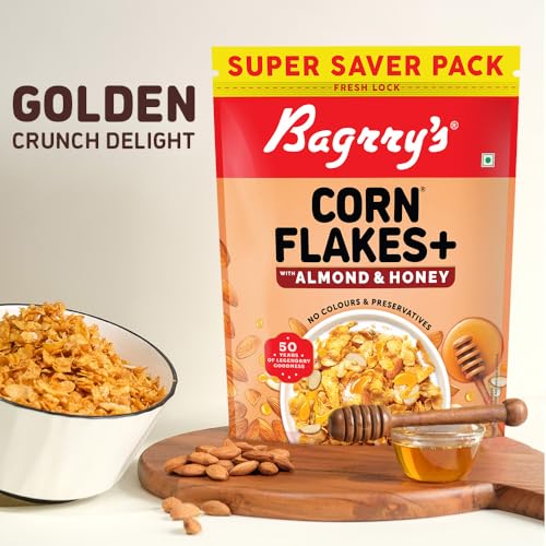Image of Bagrry's Corn Flakes Plus 750g- Almond and Honey | With Added Fibre | California Almonds, Raw Honey, Golden Corn, Wheat Fibre| High Fibre Breakfast Cereal| Naturally Cholesterol Free Cornflakes | No Preservatives