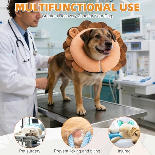 Image of KOOLTAIL Inflatable Dog Cone Collar, Soft Donut E Collar for Dogs After Surgery to Stop Licking Enhanced Alternative, Blow Up Pet Neck Pillow Recovery Adjustable Cone for Dog Cat, Upgrade Size,Lion XL