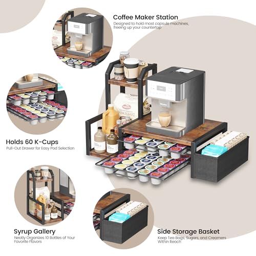 Image of Homeiju K Cup Organizer for Countertop,Holds 60 K-Cups & 10 Syrup Bottles | Coffee Station Organizer with Coffee Pod Holder, Pull-Out Drawer with Anti-Slide Lock, Side Basket & Syrup Rack, Rustic Brown