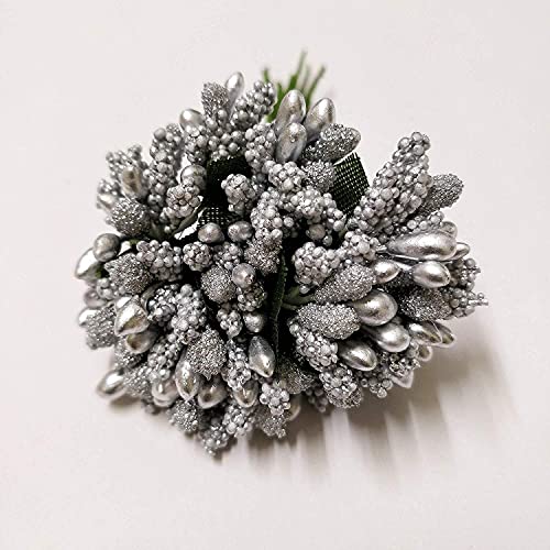 Image of Prokart Premium Pollen Flowers for Hair Accessories, Tiara Making, Jewelry Making and Dress Decoration | 5 Bunch of 12 Pollens Each | (Pack of 60 Pcs) (Silver)
