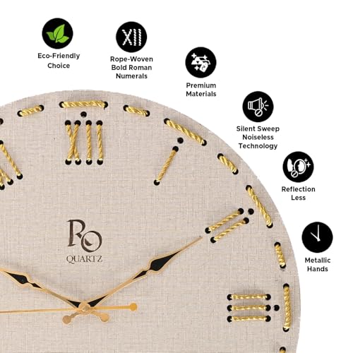 Image of Wooden Round Shape Roman Dial Wall Clock with Golden Hand & Golden Zari Rope Detailing | Silent Quartz Movement Anti Reflection Analog Vintage Clock for Office and Home (Ivory, 15.5 Inch)