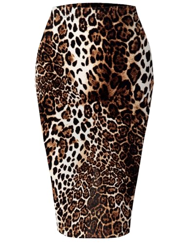 SSOULM Women's Work Office Stretchy Fitted Midi Pencil Skirt with Animal Choco Slit and Plus SizeANIMAL Choco XL